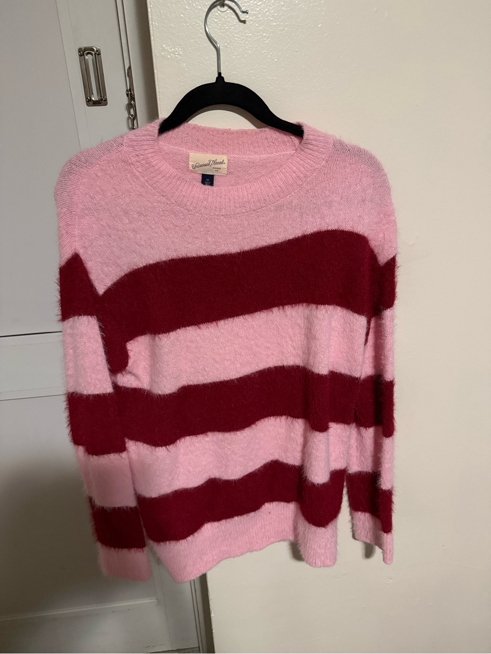 Universal Thread Pink and Burgundy Fuzzy Striped Crewneck Sweater